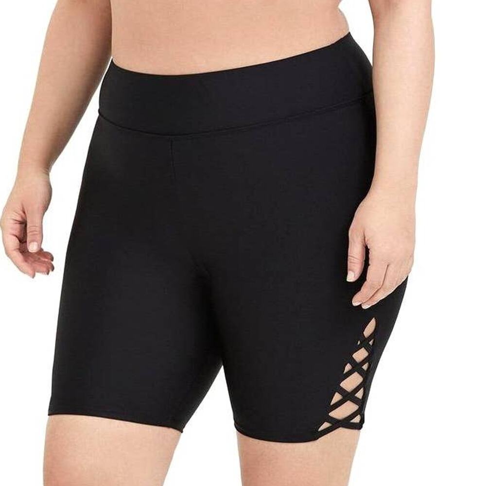 Torrid 0 (0X size 12) Black Strappy Lattice Side Bike Swim Shorts w/8" Inseam